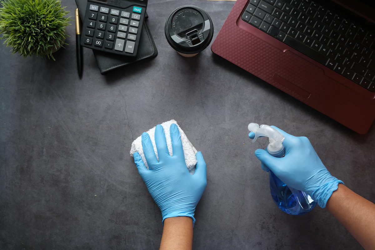 Schreibtisch wird mit Handschuhen, Mikrofasertuch und Sprühflasche gereinigt